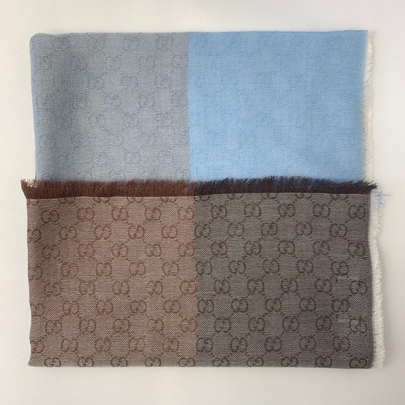 Gucci GG Lenolis Colorblock Scarf in Blue & Brown - Picture 2 of 12